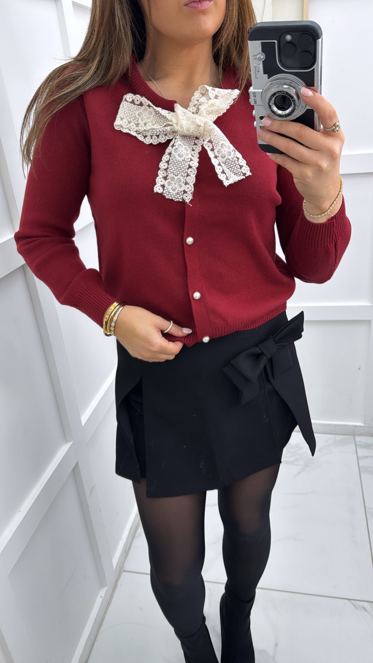 TARA wine cardigan with lace detail