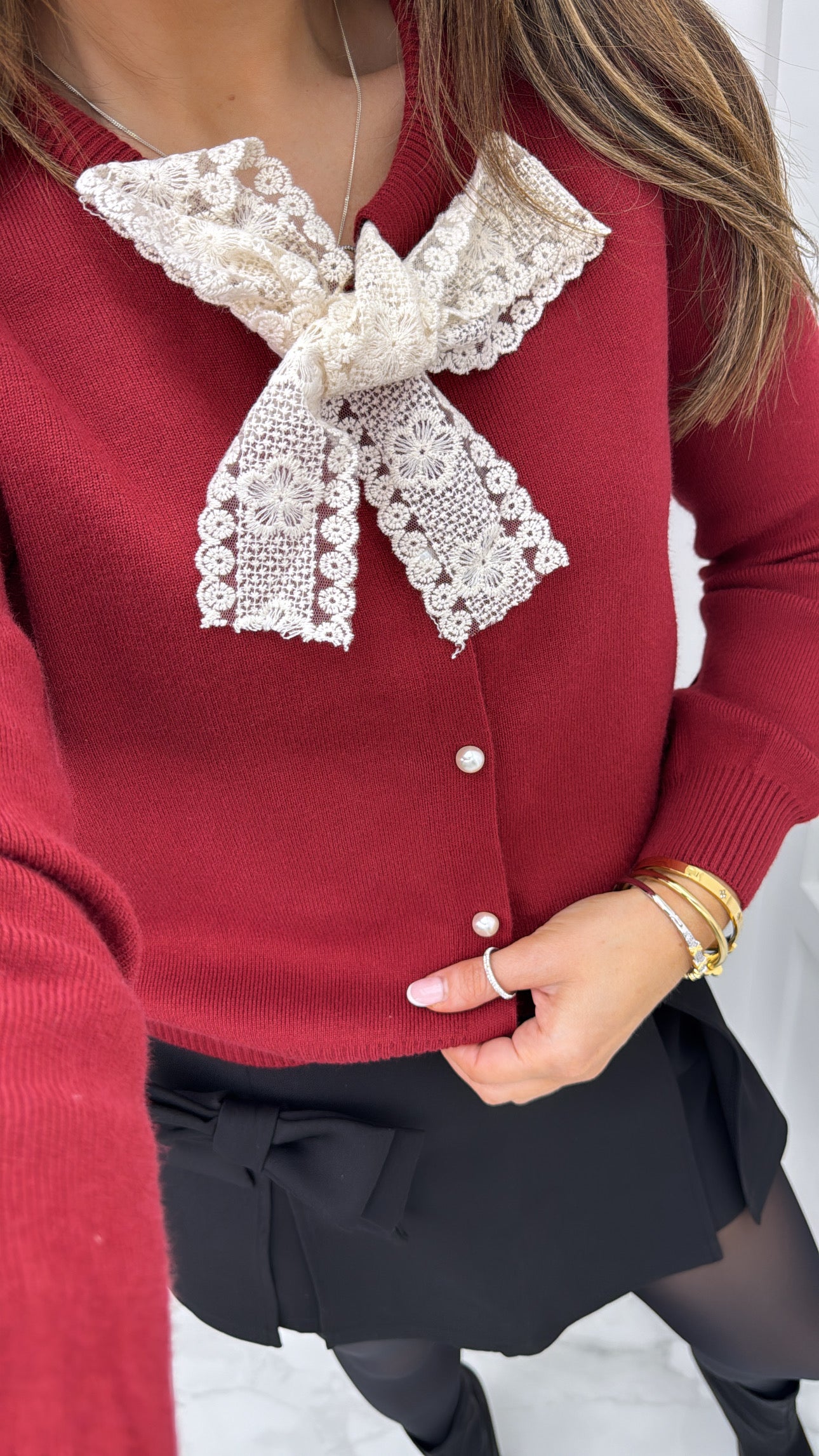 TARA wine cardigan with lace detail