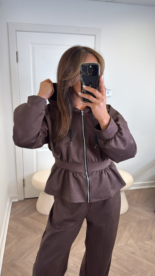 THEA brown faux suede peplum hoody co-ord