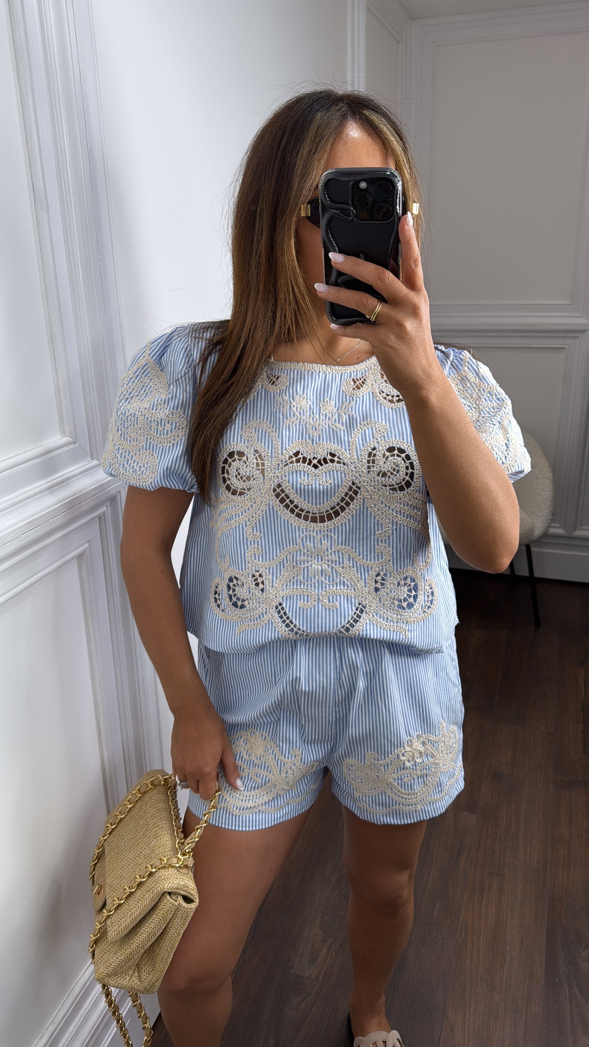 ANNALISE blue stripe embroidered top and shorts co-ord