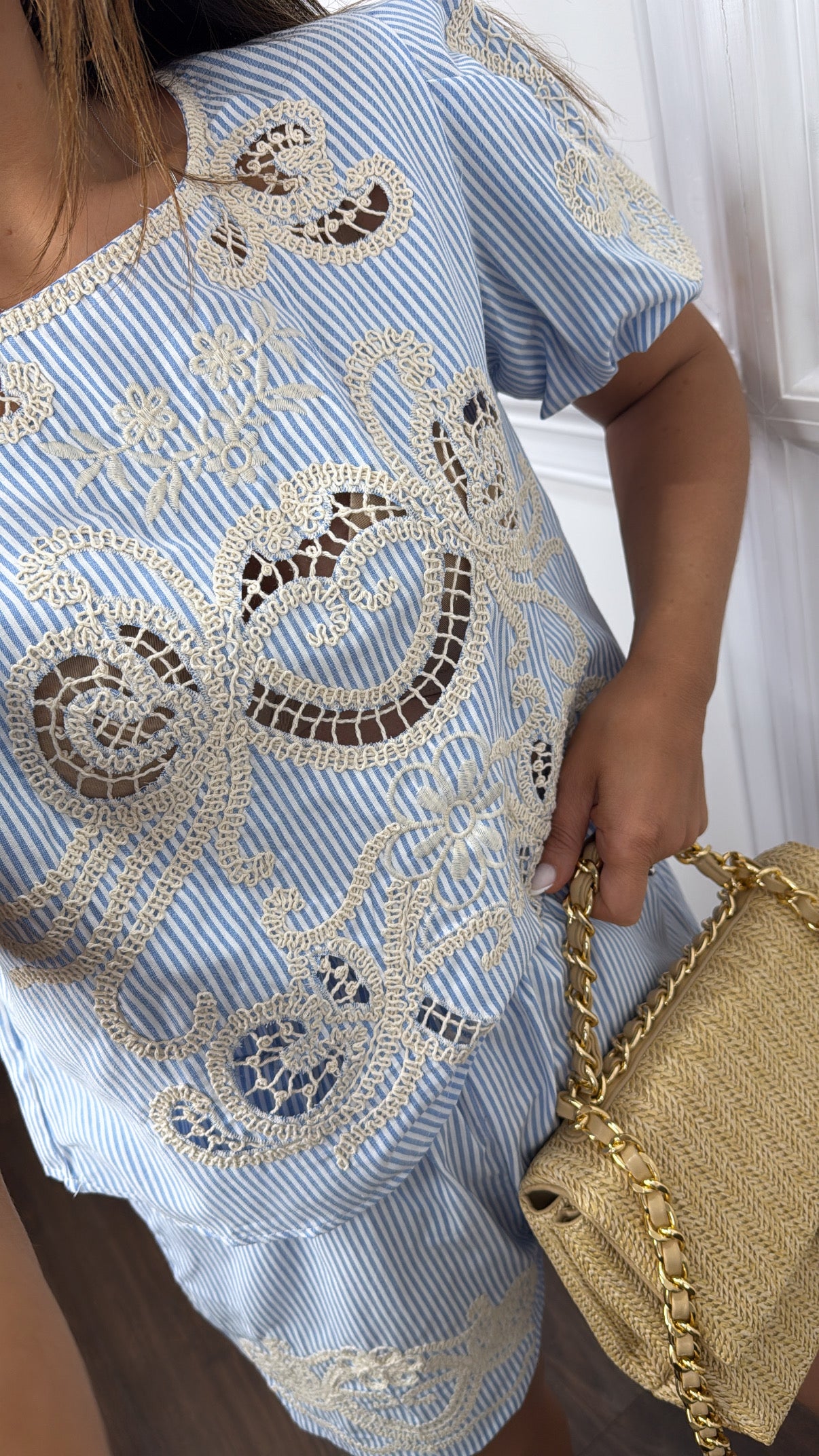 ANNALISE blue stripe embroidered top and shorts co-ord