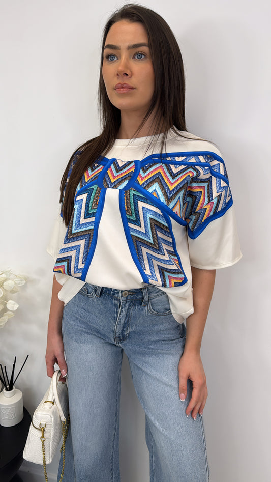 STACEY blue and cream bow print top