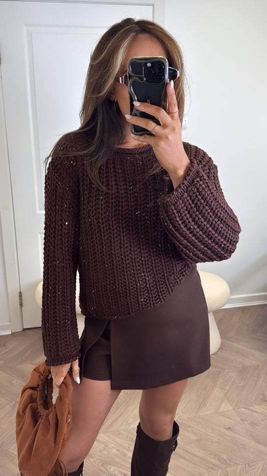 DARBY brown chunky knit jumper with sequin accents