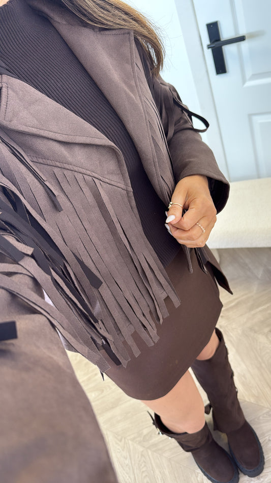 MARLA brown faux suede tassel jacket