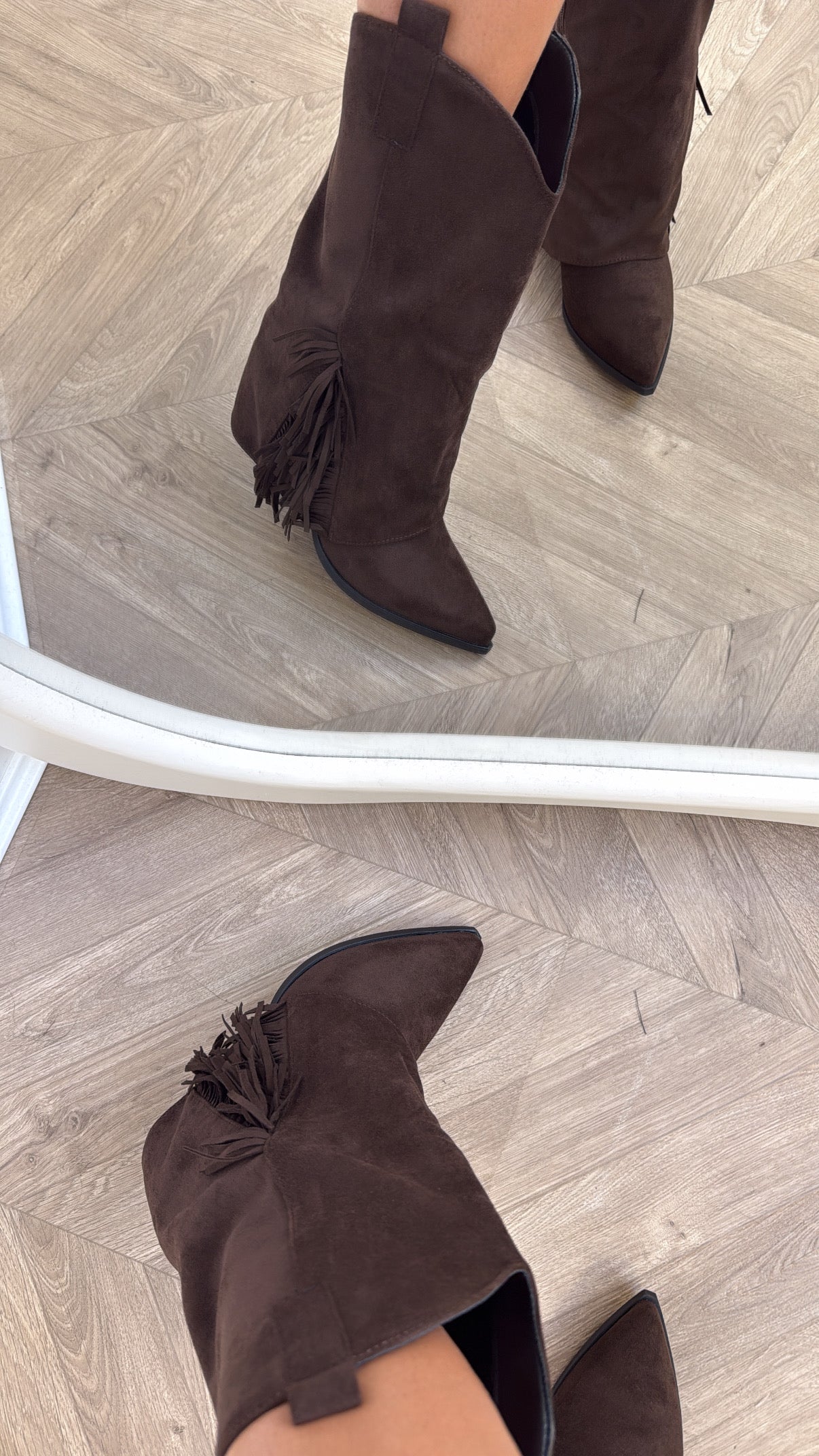 JESSICA brown faux suede tassel cow boy boots