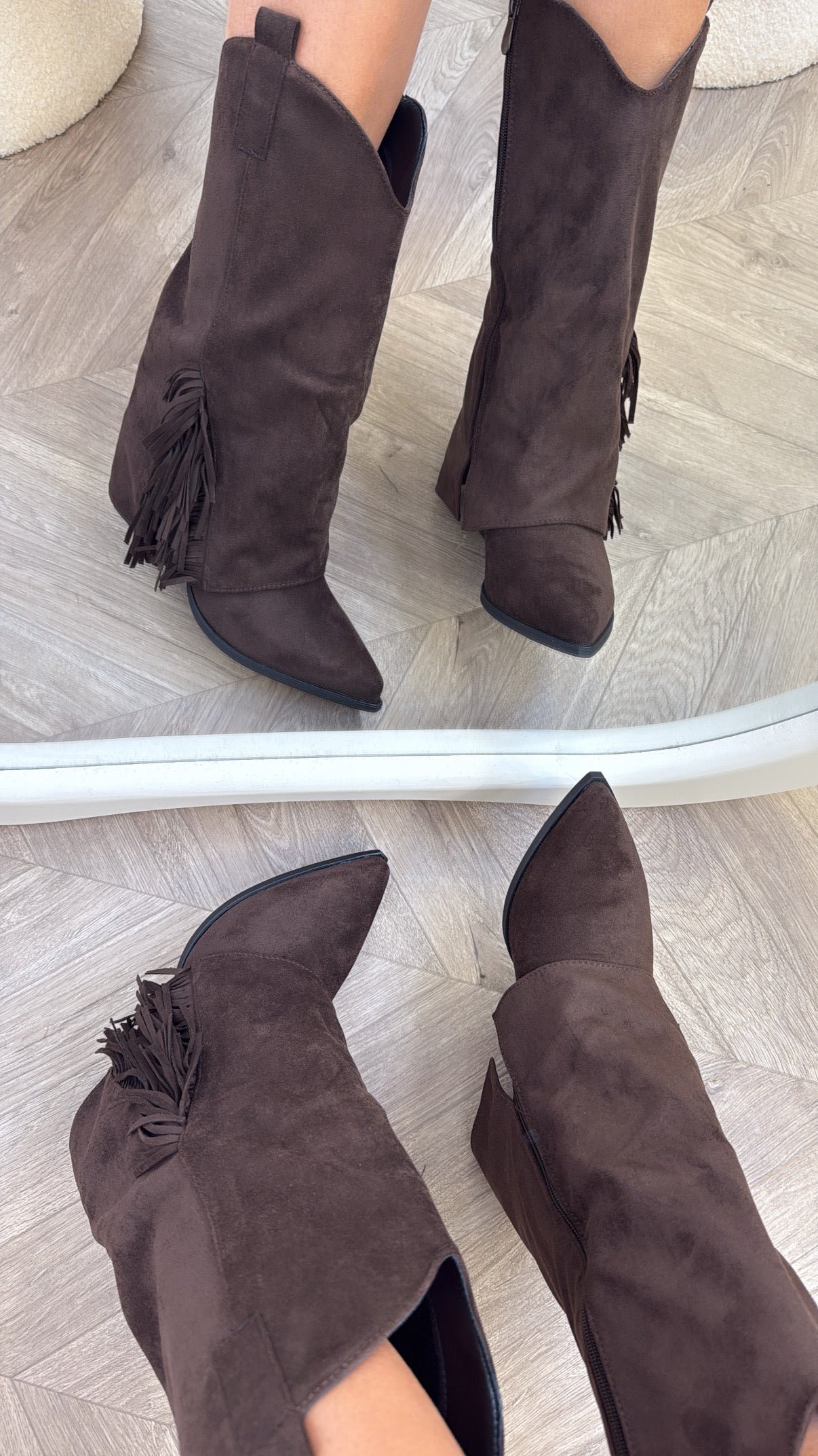 JESSICA brown faux suede tassel cow boy boots