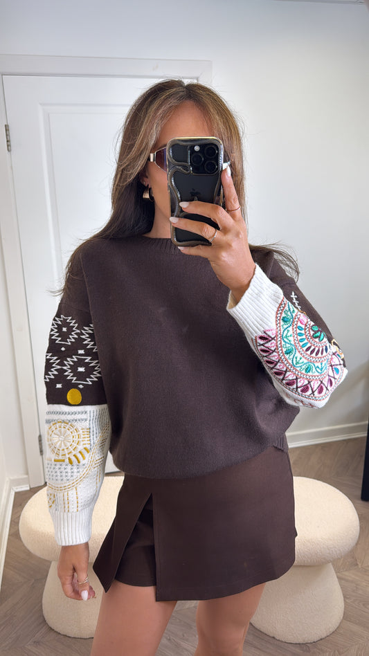FRANCESCA brown jumper with cream aztec embroidered sleeves