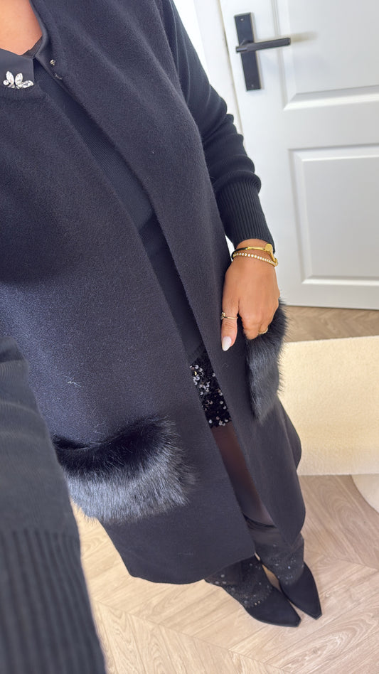 DAISY black super soft sleeveless cardigan with faux fur
