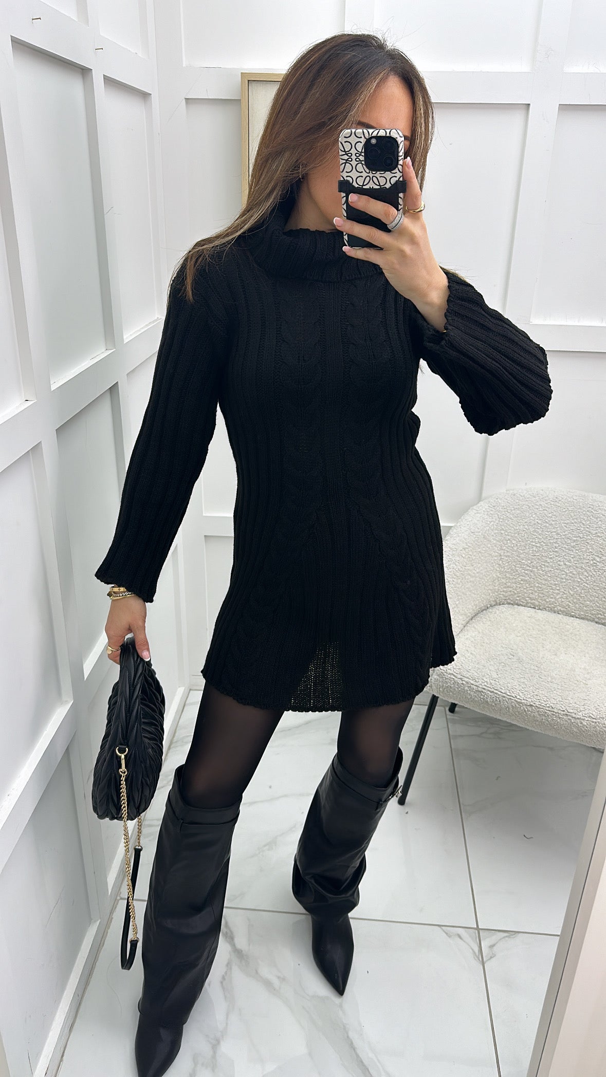 WREN black cable knit polo neck dress