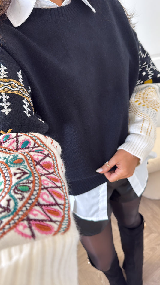 FRANCESCA black jumper with cream aztec embroidered sleeves