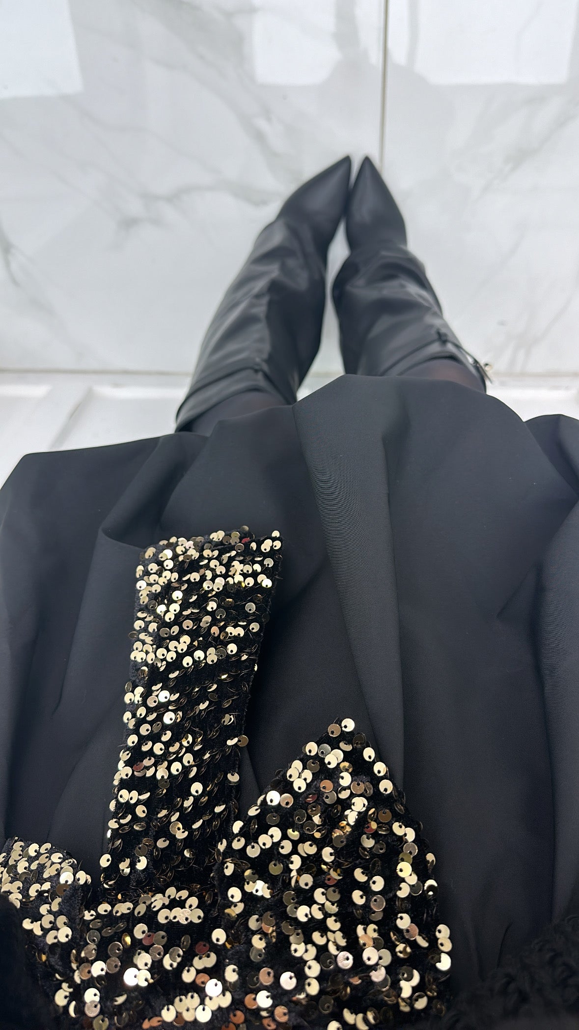 KLAUDINE black puff ball skirt with gold sequin bow