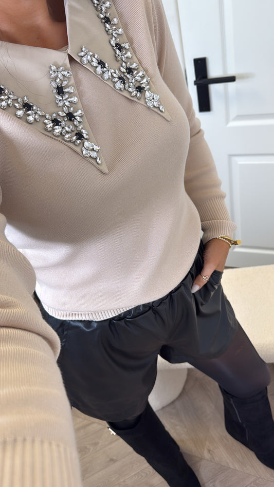 CHLOE beige jumper with jewel detail collar