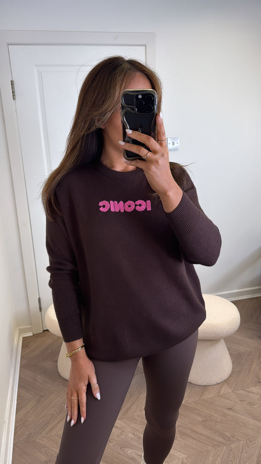 IMOGEN brown soft knit logo jumper