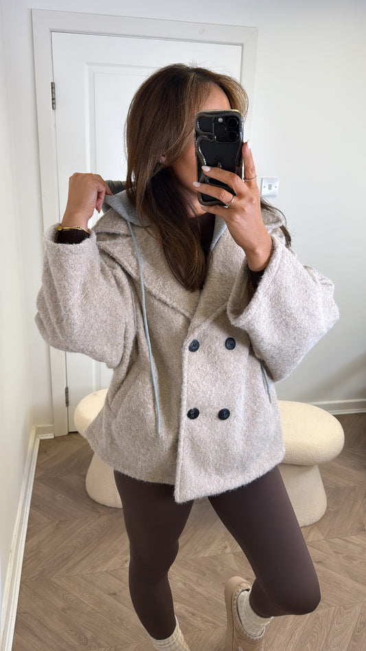 BREA beige short duster jacket with integral hoody