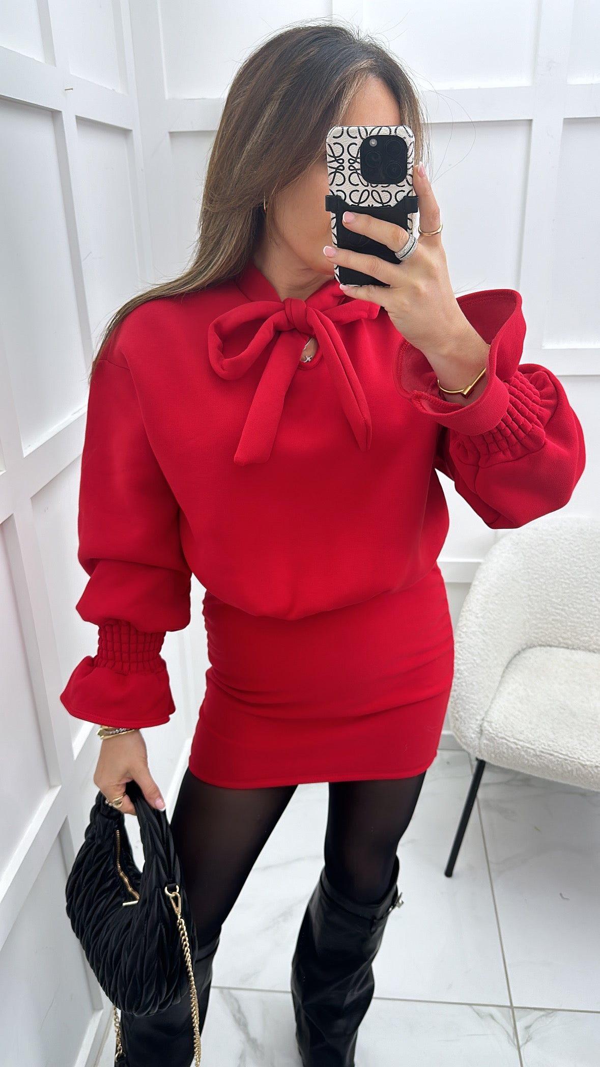 ESME red high neck bow detail dress