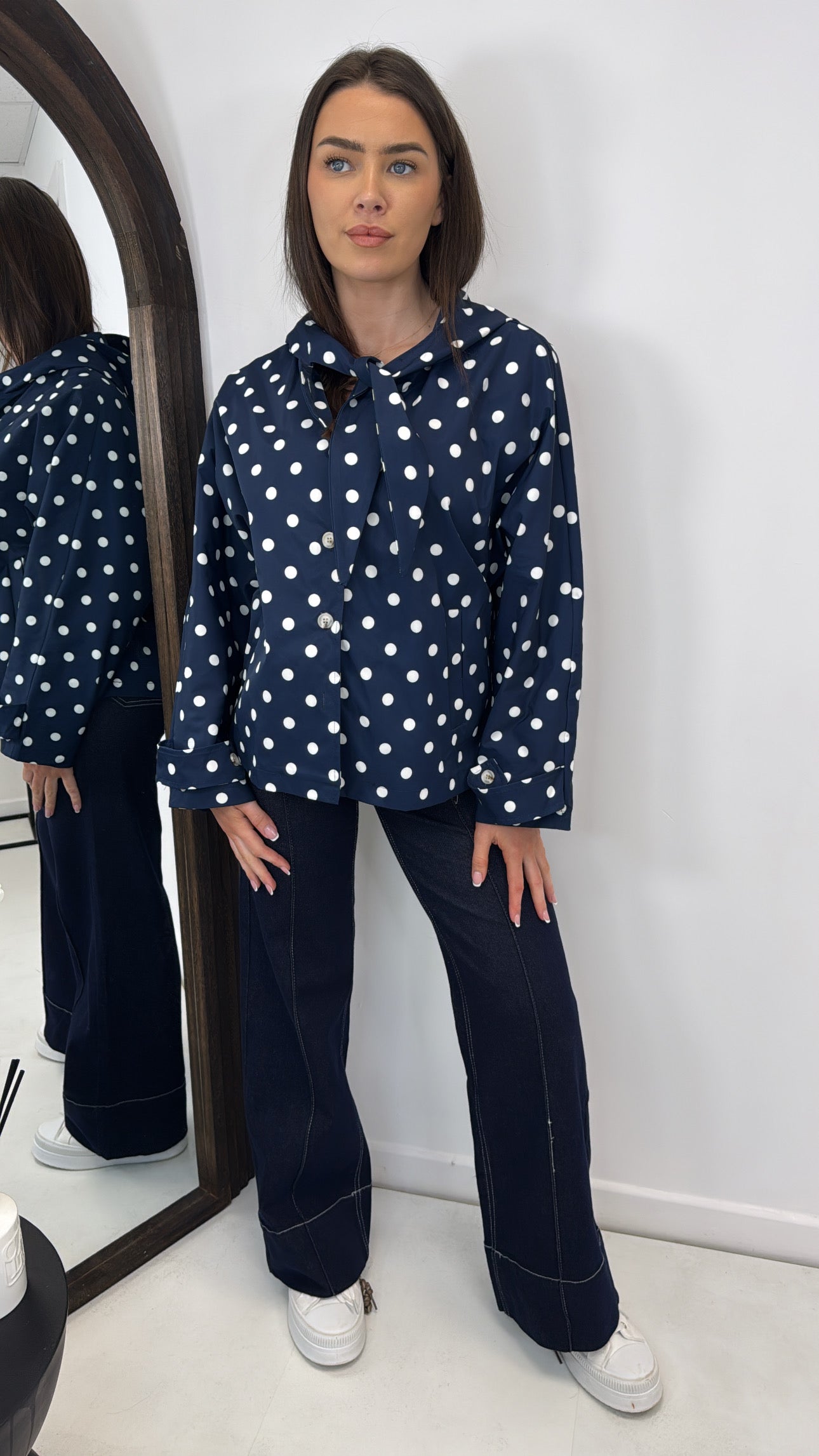 BREE navy polka dot hooded tie neck smart jacket