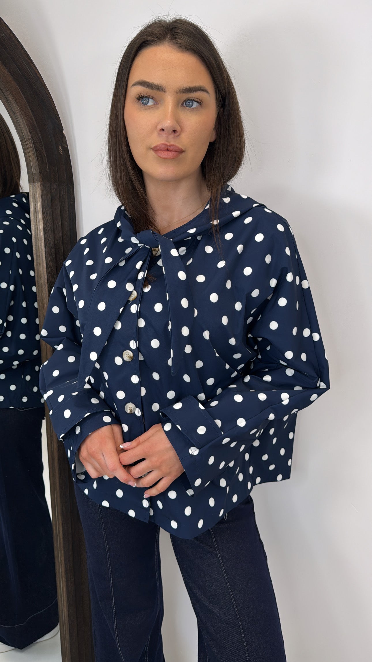 BREE navy polka dot hooded tie neck smart jacket
