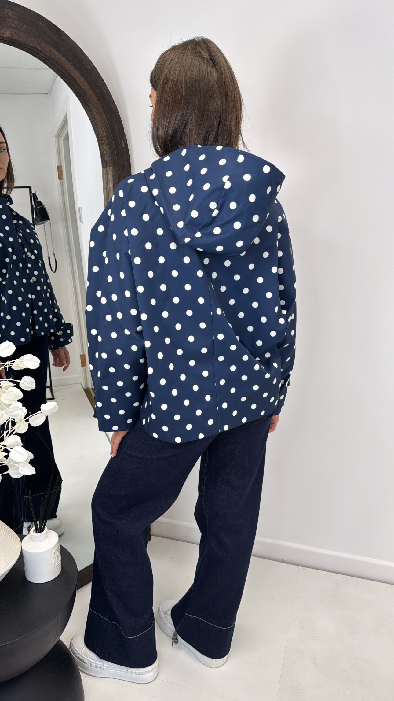 BREE navy polka dot hooded tie neck smart jacket