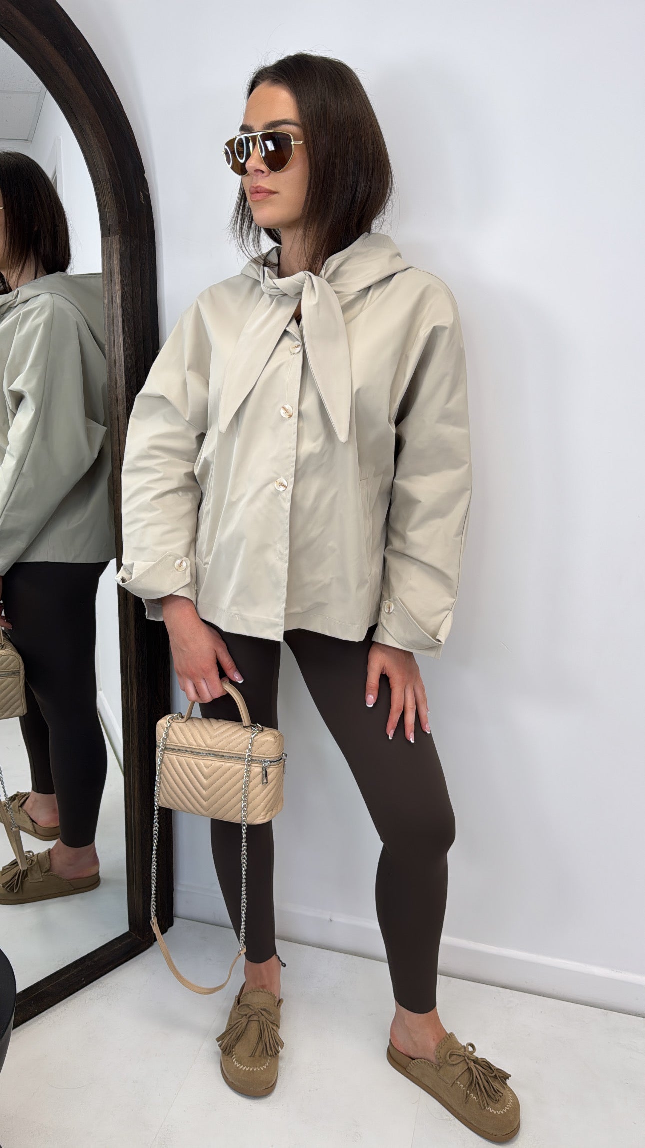 BREE beige hooded tie neck smart jacket