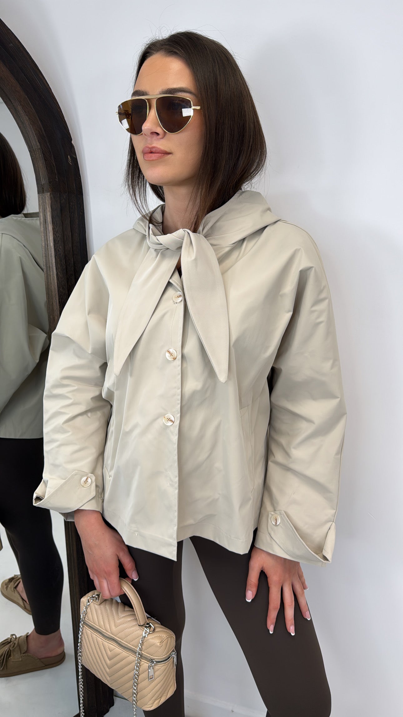 BREE beige hooded tie neck smart jacket