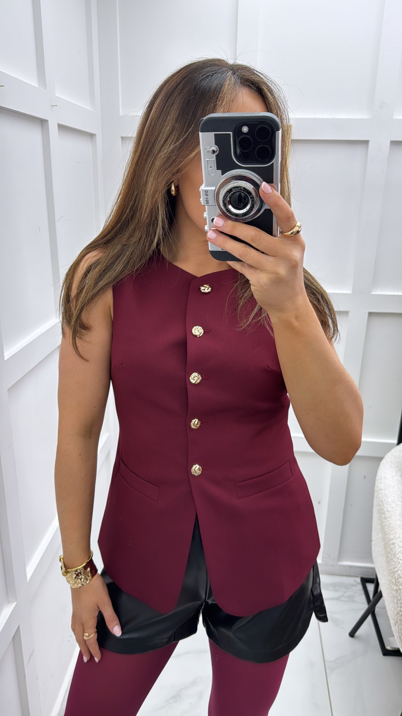 ANYA burgundy tailored waist coat with gold buttons