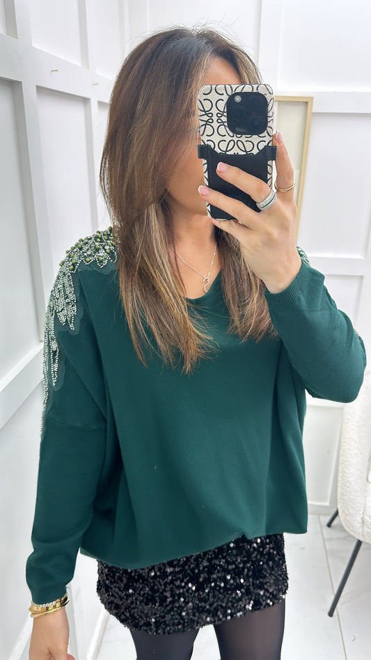 BROOKE green fine knit embellished jumper