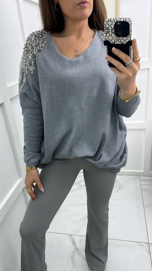 BROOKE grey fine knit embellished jumper