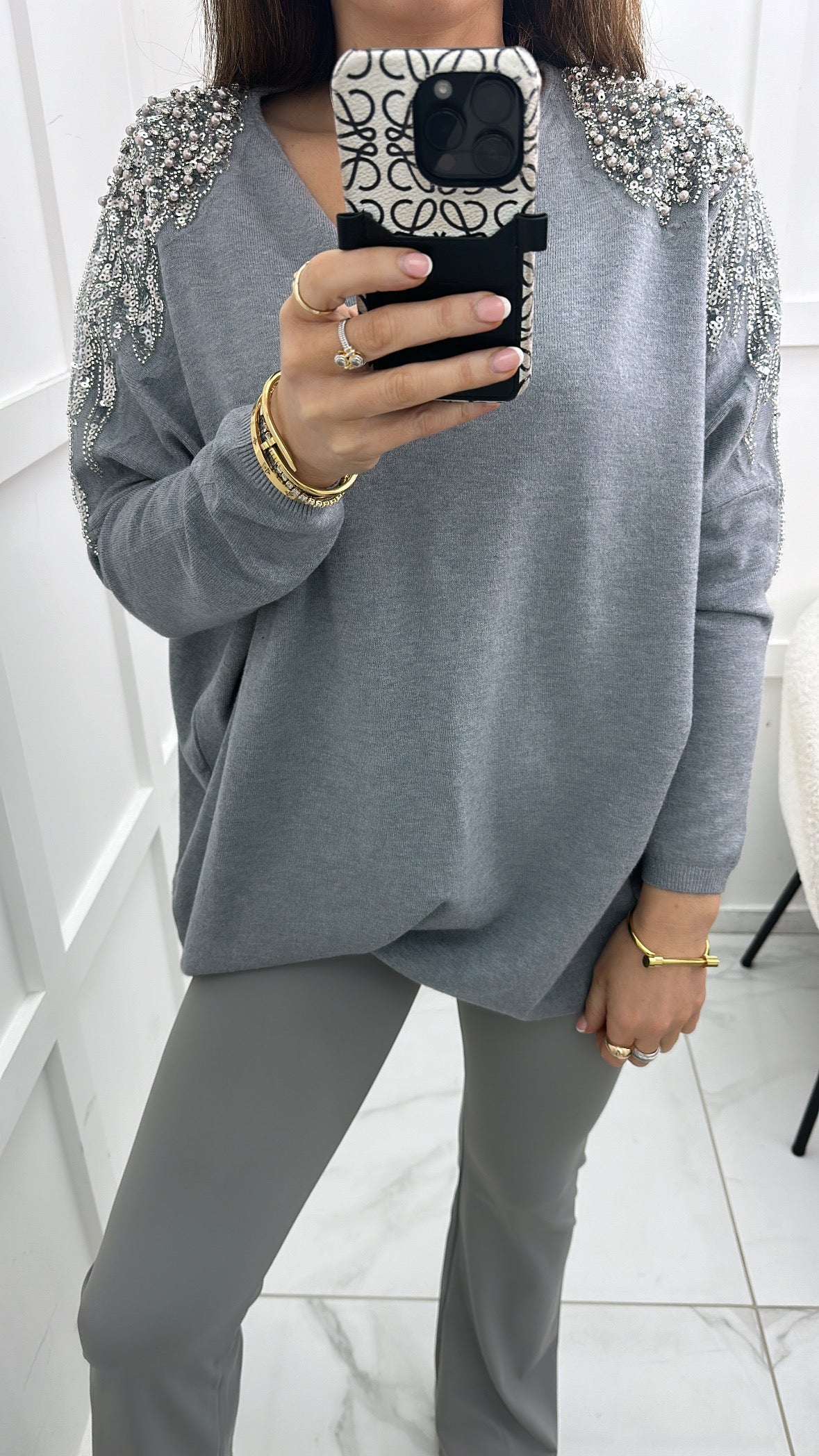 BROOKE grey fine knit embellished jumper