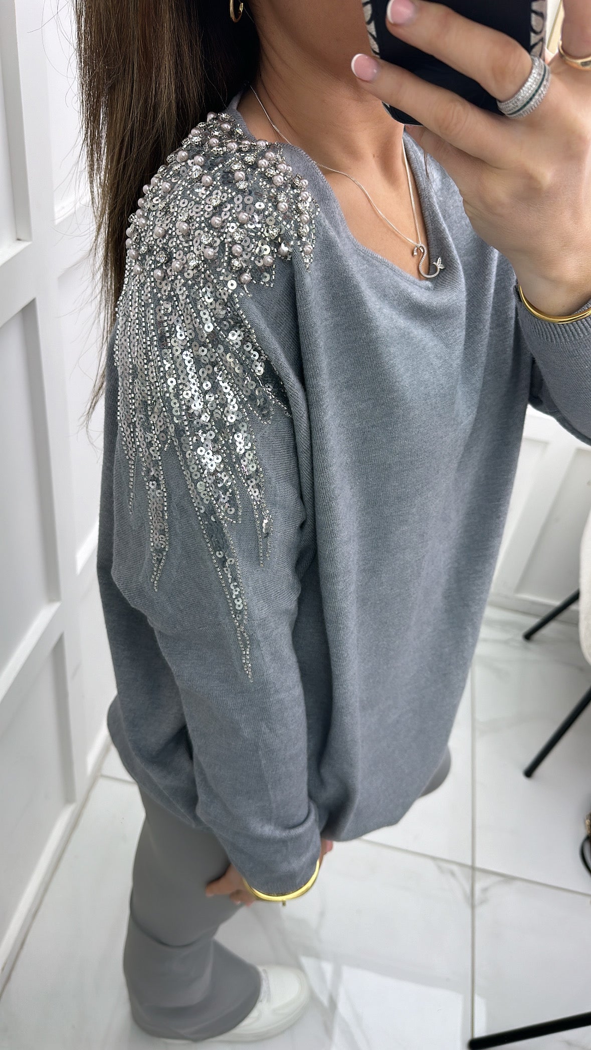 BROOKE grey fine knit embellished jumper