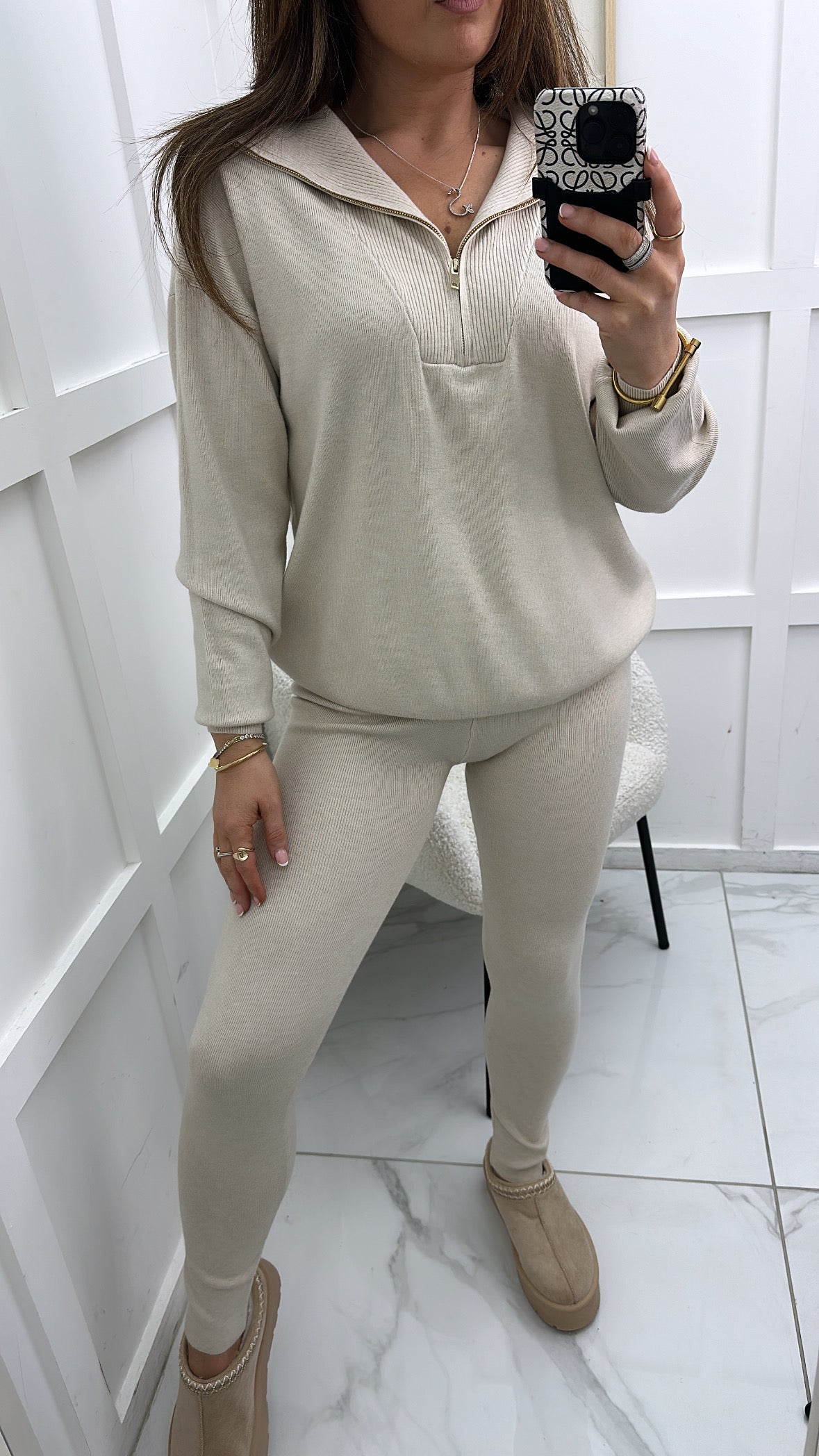 MOLLY beige half zip knitted lounge set