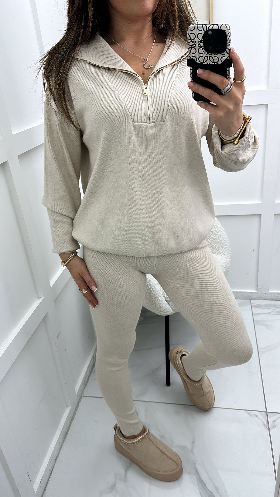 MOLLY beige half zip knitted lounge set