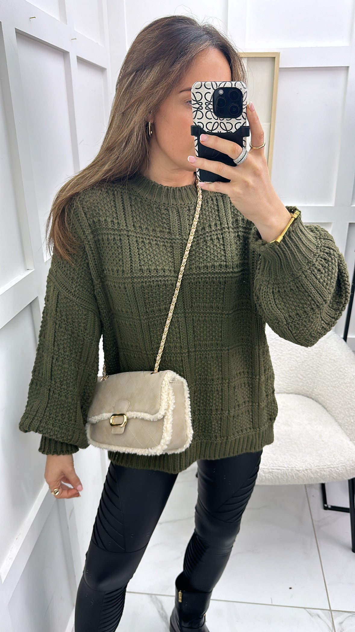 LOTTIE khaki textured balloon sleeve jumper