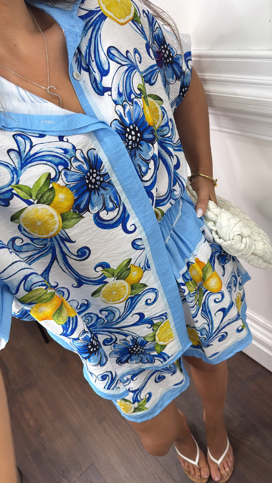 CICILY blue lemon print top and shorts co-ord