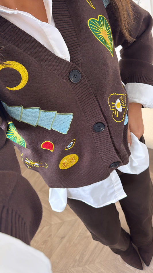 EVA brown embroidered motif cardigan