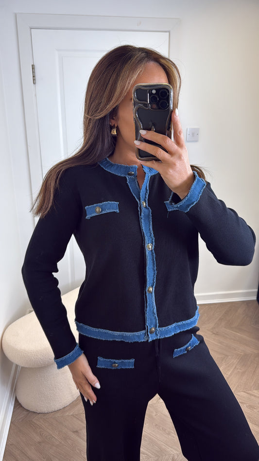 KAYLEY black and denim contrast cardigan and trousers co-ord