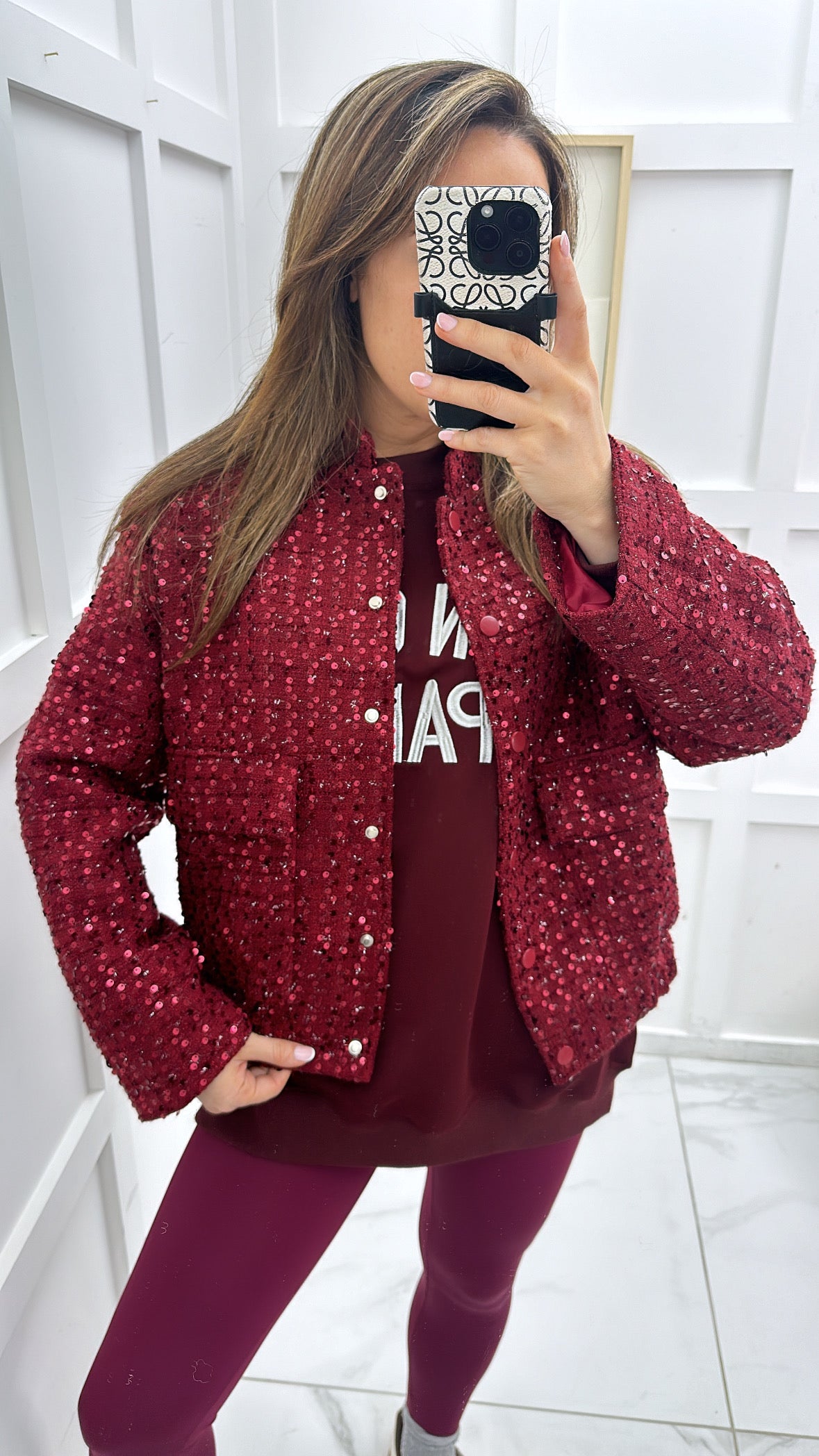 SKYLAR burgundy sequin boucle bomber jacket