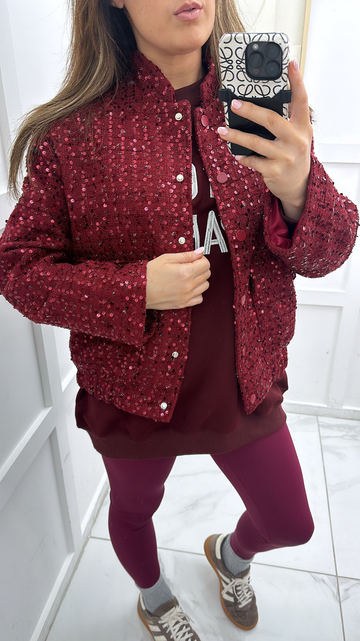 SKYLAR burgundy sequin boucle bomber jacket