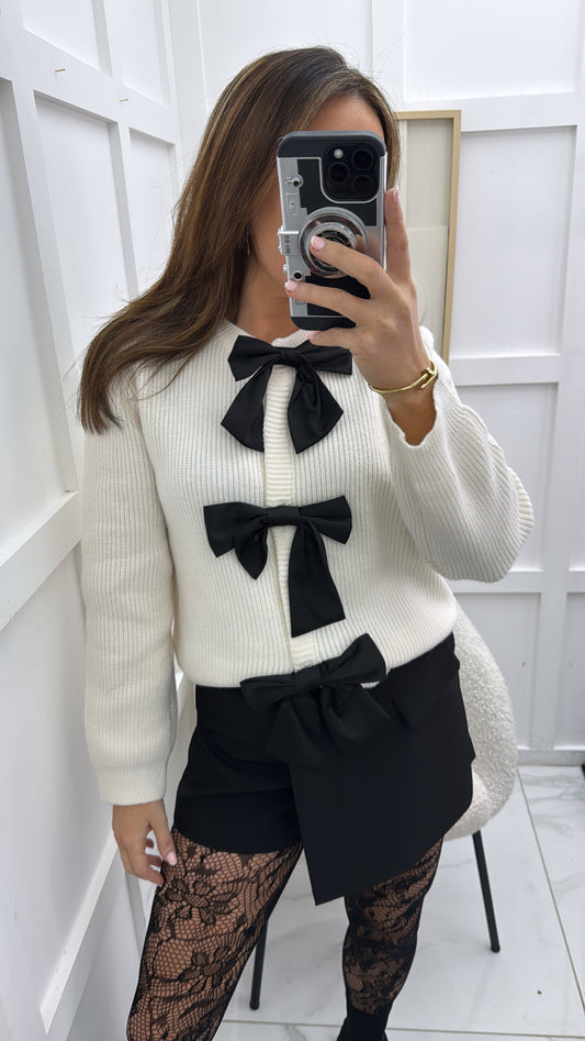 ANNALISE cream black bow cardigan