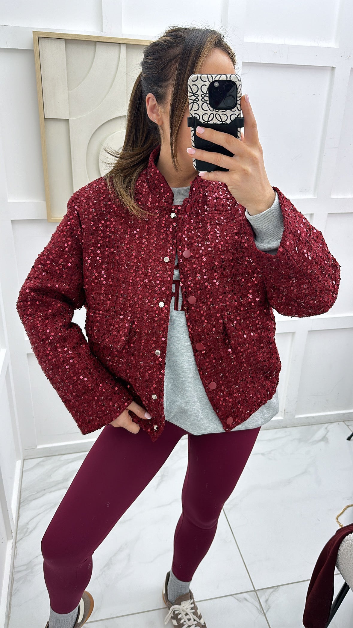 SKYLAR burgundy sequin boucle bomber jacket