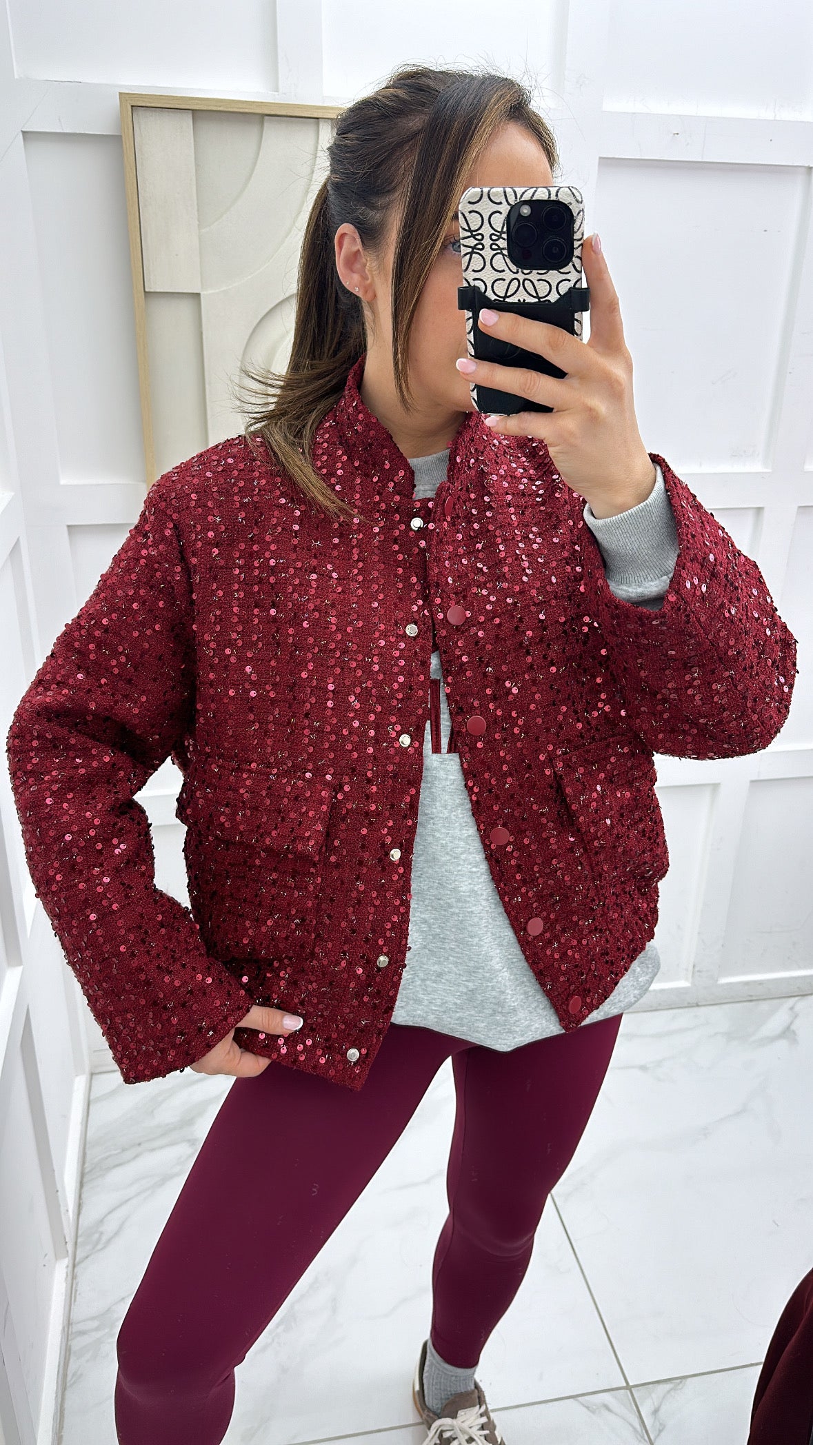 SKYLAR burgundy sequin boucle bomber jacket