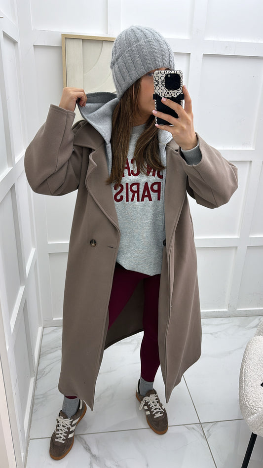 ROCHELLE mocha long duster coat with hood