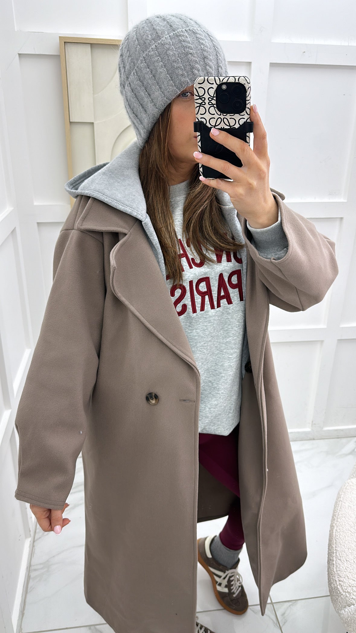 ROCHELLE mocha long duster coat with hood