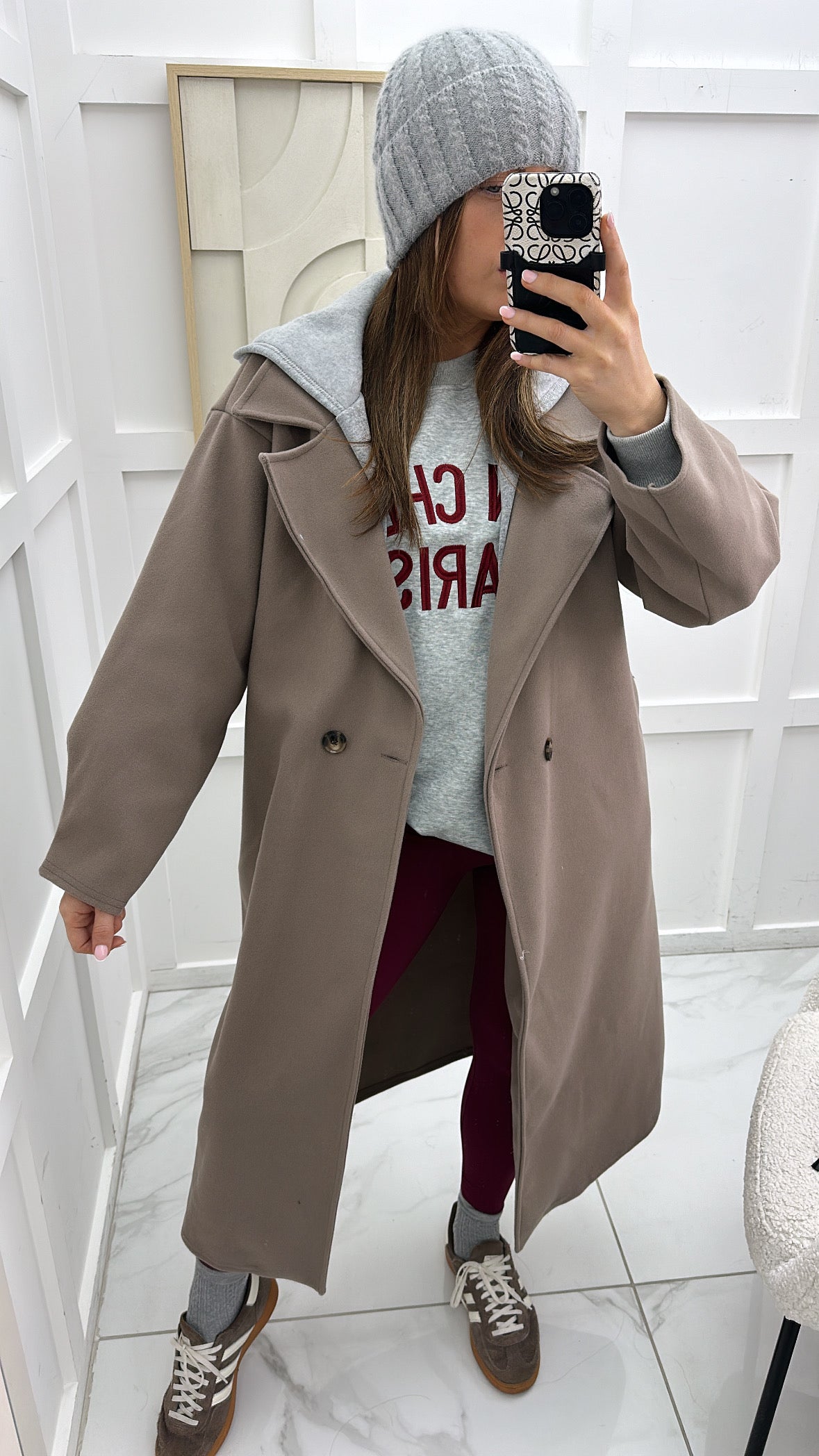 ROCHELLE mocha long duster coat with hood