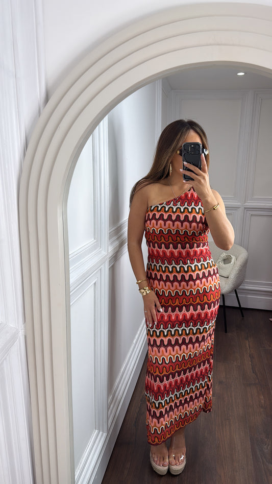 SADIE orange multi print one shoulder maxi dress