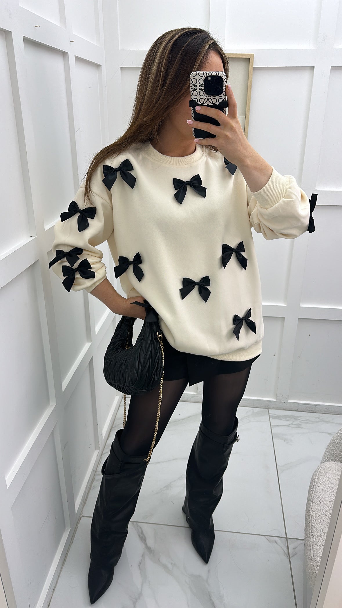 BELLA cream jumper with black ribbon bows