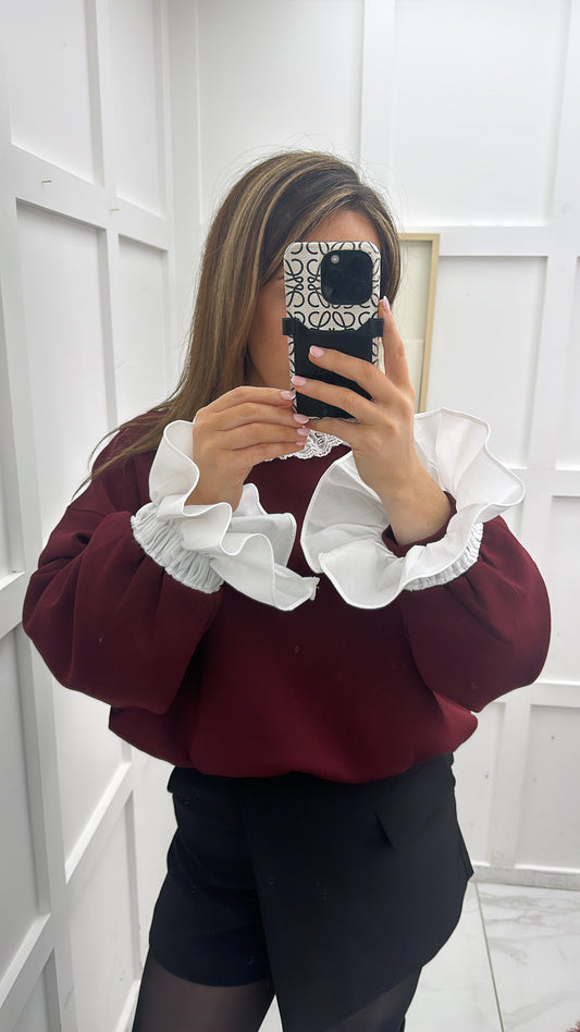 MARISSA burgundy jumper with white lace trim