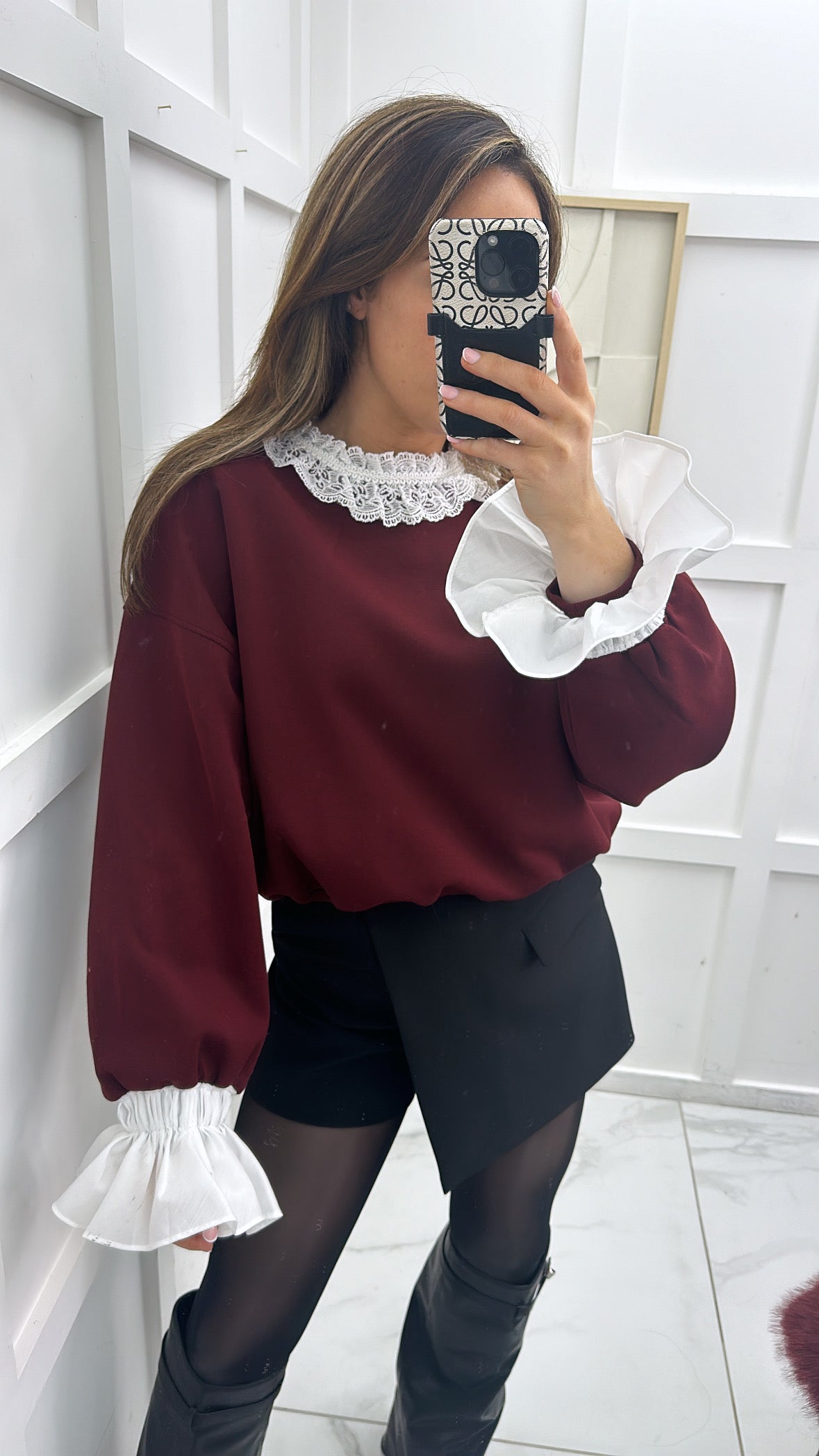 MARISSA burgundy jumper with white lace trim