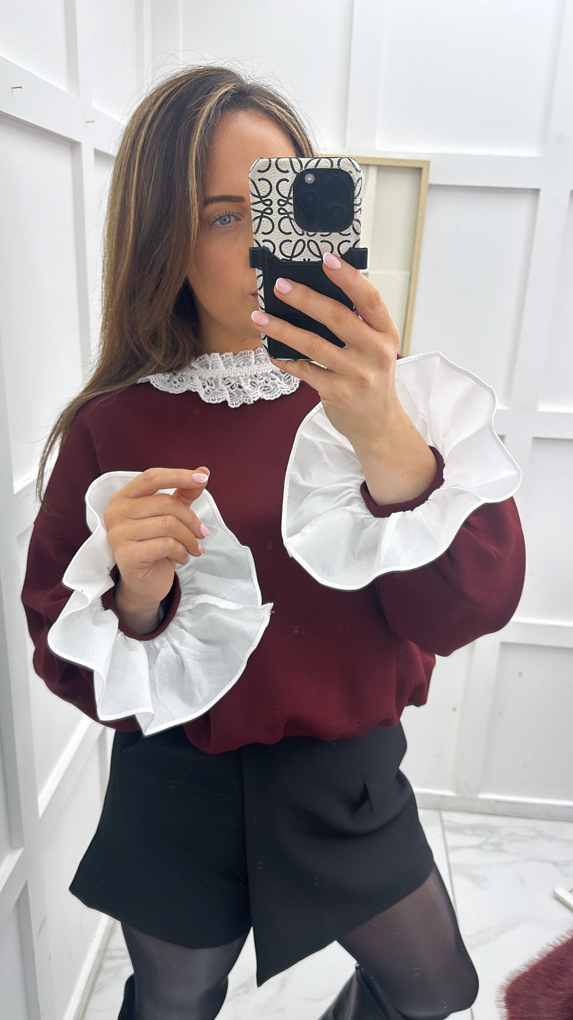 MARISSA burgundy jumper with white lace trim