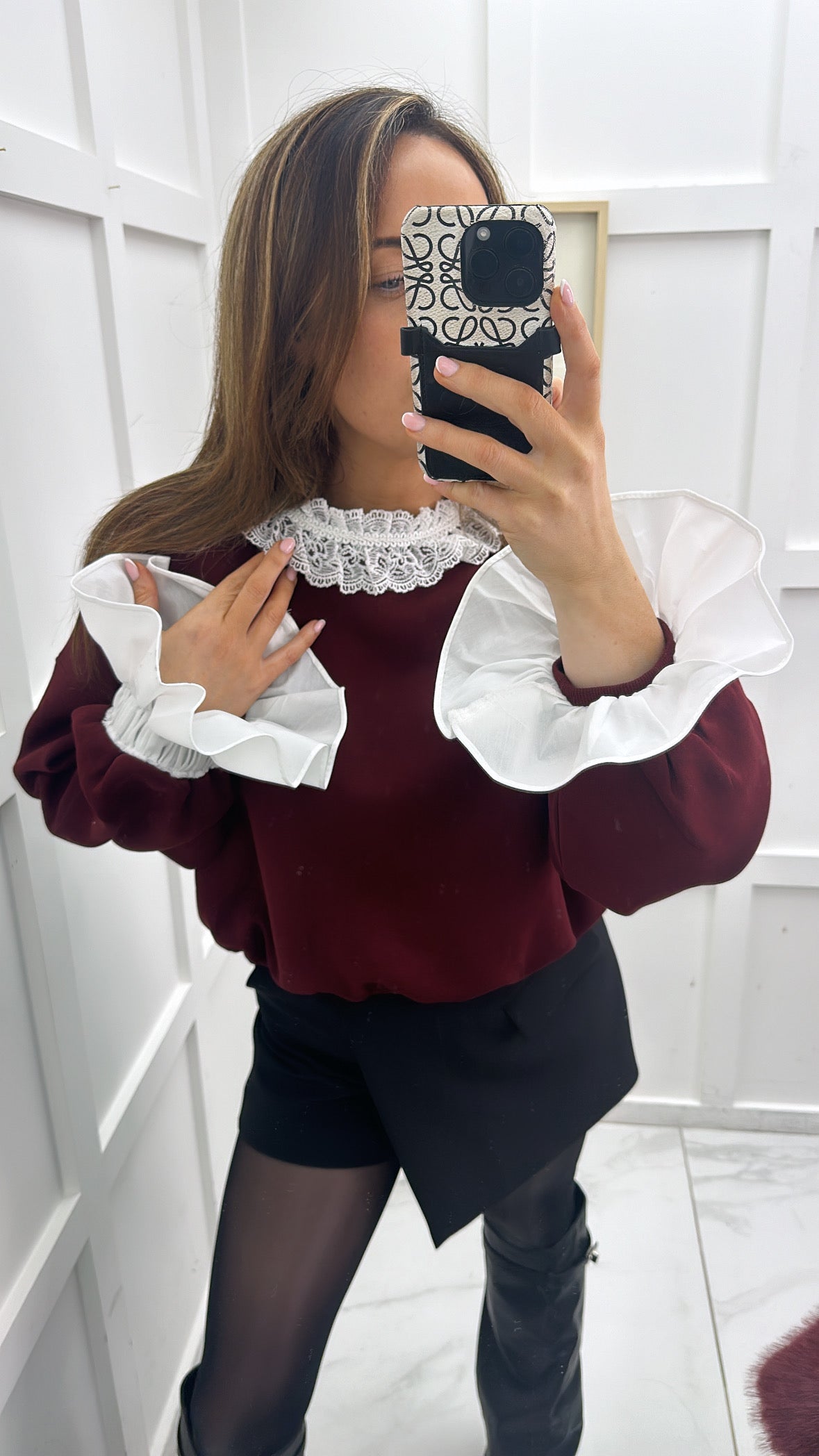 MARISSA burgundy jumper with white lace trim