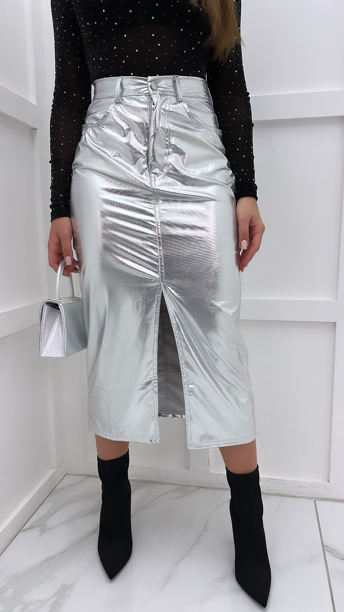 ADELE silver metallic split front midi skirt
